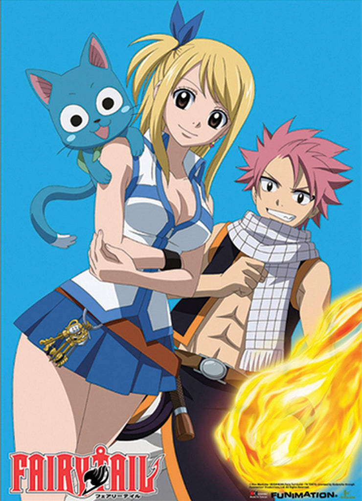 Fairy Tail - Natsu Dragneel, Lucy Heartfilia & Happy Turquoise Background Wall Scroll - Great Eastern Entertainment