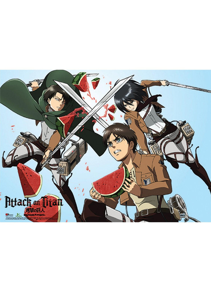 Attack on Titan - Eren Yeager, Mikasa Ackerman And Levi Ackerman Watermelon Fight Wall Scroll - Great Eastern Entertainment