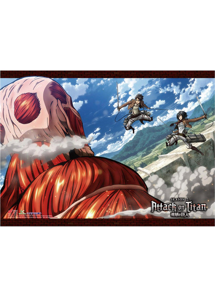 Attack on Titan Season 2 - Colossal Titan Vs Eren Yeager & Mikasa Ackerman Hi-End Wall Scroll - Great Eastern Entertainment